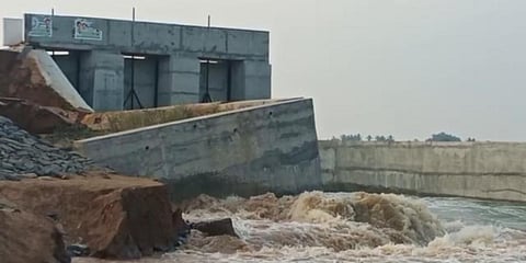 A​ ​newly constructed check dam across Thalavanur and Yenathirimangalam was found damaged. (Photo | EPS)