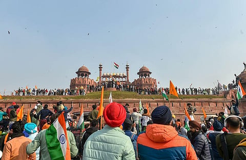 Farmers gather at Red Fort during their tractor parade on Republic Day, in New Delhi. (Photo | PTI)