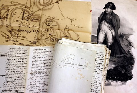 Napoleon Bonaparte's account on his victory during the Battle of Austerlitz and a map of the battle, are photographed in Paris. (Photo | AFP)
