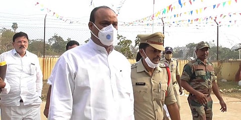 TDP State chief Kinjarapu Atchannaidu comimg out of the Kasibugga DSP office in Srikakulam. (Photo| EPS)