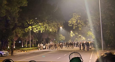 Police teams outside Israel Embassy in Delhi. (Photo | ANI)