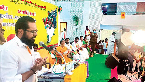 Samathuva Makkal Katchi leader and actor R Sarathkumar during a party zonal consultative meeting in Vaniyambadi on Thursday | Express