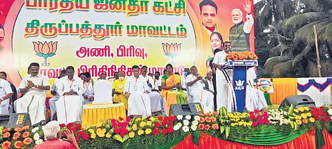 BJP Tamil Nadu president L Murugan addressing office-bearers at a meeting in Alangayam of Tirupattur district on Saturday | S dinesH
