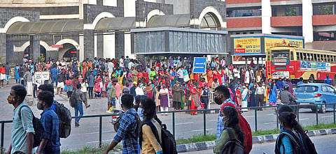 Social distancing norms are often violated blatantly at public places in the district. A scene from the Thampanoor bus terminal. (Photo | BP Deepu, EPS)
