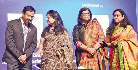 Cyberabad Police Commissioner VC Sajjanar in conversation with ADGP (Women Safety) Swati Lakra as Bharat Biotech JMD Suchitra Ella and Joint Secretary of SCSC’s Women Forum Pratyusha Sharma look on |