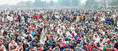 Farmers in support of the  Bharatiya Kisan Union attend ‘Kisan Mahapanchayat’ against the three new farm laws in Muzaffarnagar on Friday | PTI