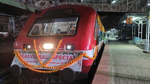 The train departing from platform 7 of the KSR railway station (Photo | Ashish Krishna)