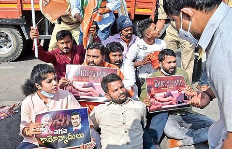 Members of BJYM stage a protest near Trivoli theatre against the release of the movie Dirty Hari, in Secunderabad on Tuesday | S Senbagapandiyan