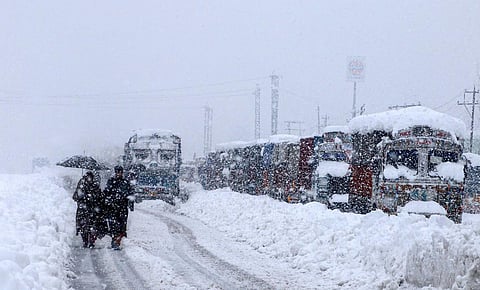 People walk past stranded vehicles on the Jammu-Srinagar National Highway during heavy snowfall, at Qazigund in Anantnag district of South Kashmir.