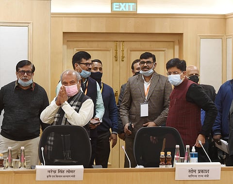 Agriculture minister Narendra Singh Tomar and Railway Minister Piyush Goyal during the 8th round of talks with farmers' representatives on Friday. (Photo | PTI)