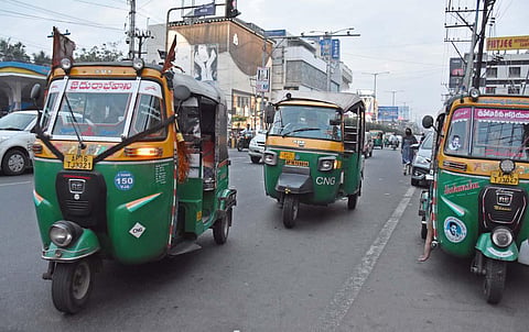 Auto-rickshaws plying on MG Road in Vijayawada on Wednesday. (Photo | P Ravindra Babu, EPS)