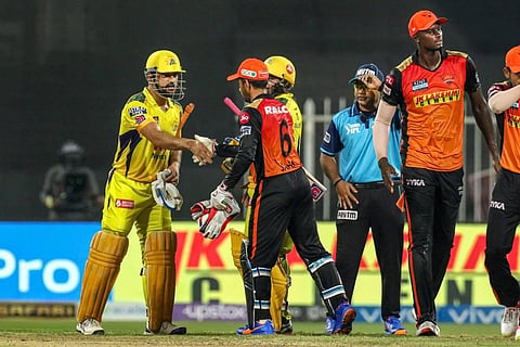 MS Dhoni captain of Chennai Super Kings at the end of match 44 of the Indian Premier League between the Sunrisers Hyderabad and the Chennai Super Kings. (Photo | PTI)