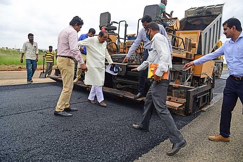 Youth Services and Sports Minister KC Narayan Gowda inspects ongoing works at the  Government Flying Training School (GFTS) at Jakkur in Bengaluru. (Photo | Shriram BN, EPS)