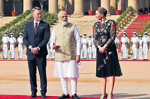 PM  Modi with his Danish counterpart Mette Frederiksen and her husband during a ceremonial reception at Rashtrapati Bhavan in New Delhi on Saturday. (Photo | Express)