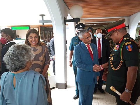 General MM Naravane welcomed by General Shavendra Silva Chief of Defence Staff and Commander of Sri Lankan Army at the airport. (Photo | Twitter)