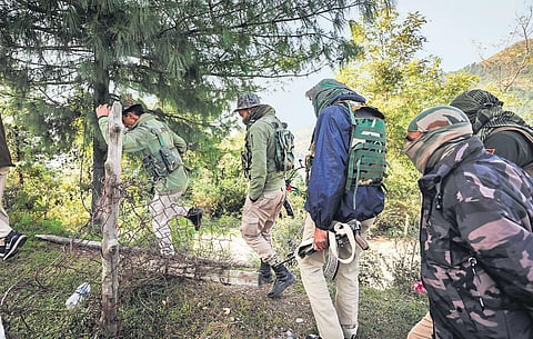 Security personnel at the encounter site at Deri Ki Gali in Rajouri district. (Photo | PTI)
