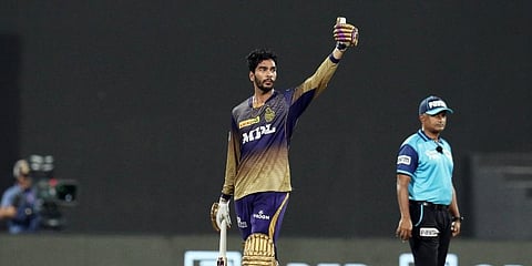 Venkatesh Iyer of KKR celebrates his half-century during qualifier 2 match of the IPL 2021 against Delhi Capitals at Sharjah Cricket Stadium in Sharjah on Wednesday. (Photo | ANI)