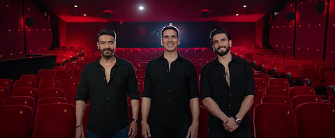 From left, Ajay Devgn, Akshay Kumar and Ranveer Singh, in the Sooryavanshi release announcement. (Photo | YouTube screengrab)