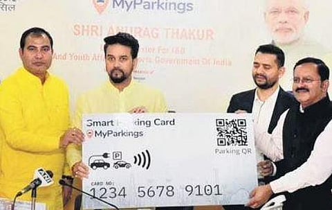 Union minister Anurag Thakur launching the ‘My Parking’ app | TWITTER