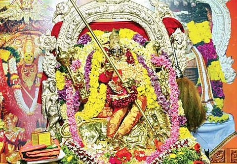 Goddess Kanaka Durga in Mahishasura Mardhini avatar on day nine of Dasara | Prasant Madugula