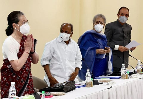 Congress Interim President Sonia Gandhi greets during the party Working Committee meeting, at AICC office, in New Delhi. (Photo | ANI)