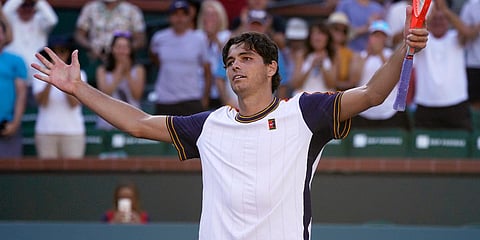 US tennis star Taylor Fritz reacts after defeating Alexander Zverev  at the BNP Paribas Open tournament. (Photo| AP)