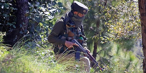 Security personnel in position at the encounter site in Bhatadurian area of Mendhar in J&K's Poonch district.  (Photo | ANI)
