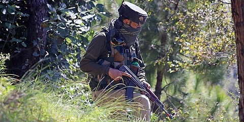 Security personnel in position at the encounter site in Bhatadurian area of Mendhar in J&K's Poonch district.  (File photo | ANI)