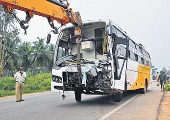 The bus involved in the accident being towed away (Photo | Express)