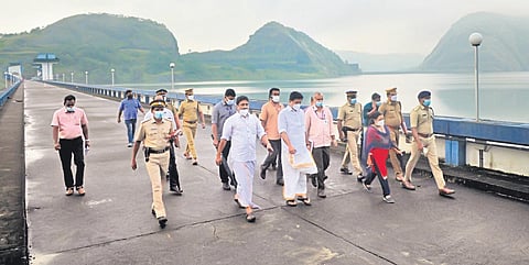 Water Resources Minister Roshy Augustine, Idukki District Collector Sheeba George and KSEB officials visiting the  Idukki reservoir area on Monday | Shiyami
