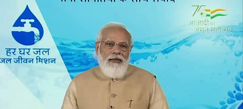 PM Narendra Modi at the Jal Jeevan Mission mobile application. (Photo| Twitter screengrab)