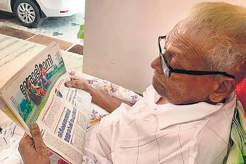 A recent photo of CPM veteran V S Achuthanandan reading a newspaper at his house. The photo was shared by his son V A Arun Kumar on Facebook