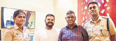 Head Constable R Sasikala, music director Ghibran, singer Thirumoorthy and Superintendent of Police P V Varun Kumar | SPECIAL ARRANGEMENT