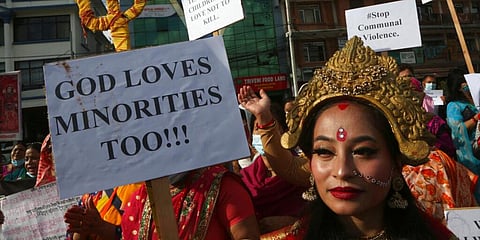 Members of ISKCON (International Society for Krishna Consciousness) participate in a peaceful protest against the recent violence against Hindus in Bangladesh.