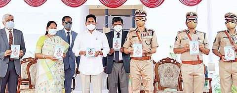 Chief Minister YS Jagan Mohan Reddy, DGP D Gautam Sawang, Home Minister Mekathoti Sucharita during the Police Commemoration Day event at IGMC Stadium in Vijayawada on Thursday | Express