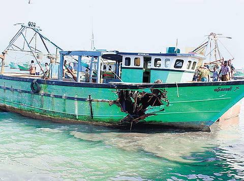 A damaged boat berthed in Rameswaram | FILE PHOTO