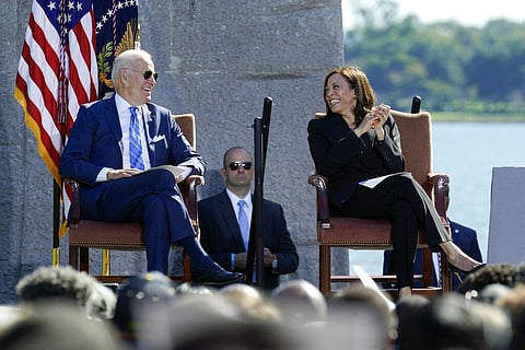 President Joe Biden and Vice President Kamala Harris attend an event marking the 10th anniversary of the dedication of the Martin Luther King, Jr. Memorial in Washington, Oct. 21, 2021. (Photo | AP)
