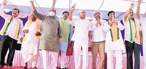 CM Basavaraj Bommai, former CM BS Yediyurappa and a host of BJP leaders campaign for party candidate Shivaraj Sajjanar in Hanagal on Friday