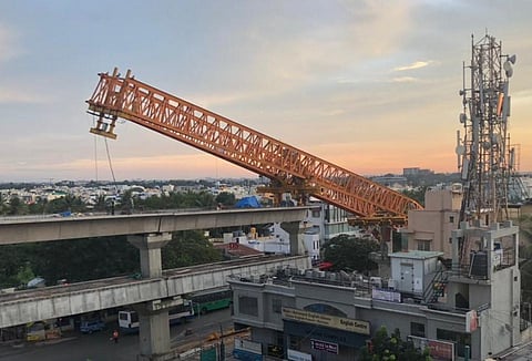 Shot of the girder after one of its supporting legs slipped during construction work at BTM Layout Second Stage.