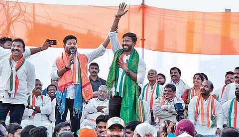 TPCC president Revanth Reddy addresses a campaign meeting at Veenavanka with Congress candidate Balmoor Venkat.