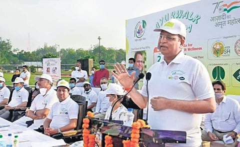Health Minister Satyendar Jain launches ‘Ayur Walk’ in New Delhi on Sunday.