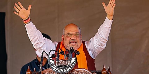 Union Home Minister Amit Shah addresses during a public rally at Bhagwati Nagar in Jammu, Sunday, Oct. 24, 2021. (Photo | PTI)