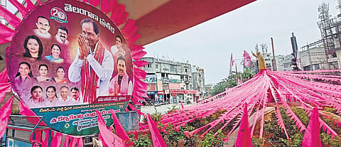 A road in Hyderabad filled with TRS banners on the eve of the party plenary scheduled on Monday. (Photo | RV K Rao, EPS)