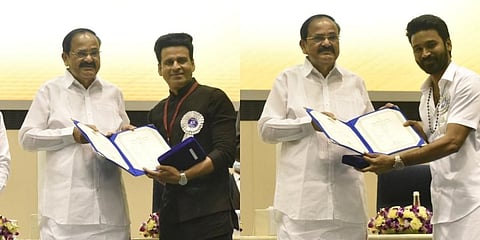 Actor Manoj Bajpayee (left) and  Actor Dhanush (Right) receive the  national award from vice president Venkaiah Naidu. (Photo | EPS/Shekhar Yadav)