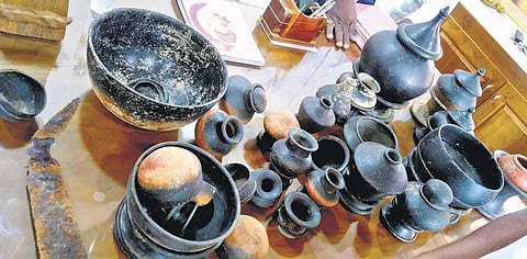 The artefacts, including urns, spears, bowls and knives, were found during construction work in Thirumalapuram village near Vasudevanallur| Avinash Sharma