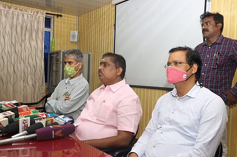 Puducherry Education minister A Namassivayam briefing the media at a press conference (Photo | Express)