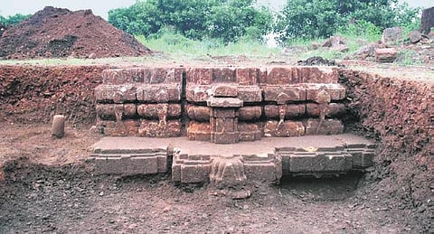 Carved wall of a temple in north-east direction of Sari Deula. (Photo | Express)