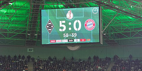 The display shows result during the German Cup match between Borussia Moenchengladbach and Bayern Munich. (Photo | AP)