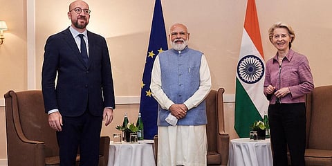 PM Narendra Modi (C) with European Council President Charles Michel (L) and European Commission President Ursula von der Leyen (R). (Photo| Twitter)