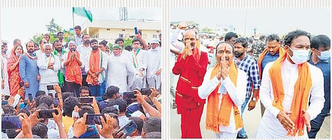 TPCC chief A Revanth Reddy addresses a gathering in poll-bound Huzurabad; Union Minister G Kishan Reddy, BJP president Bandi Sanjay Kumar and party candidate Eatala Rajender greet people in Huzurabad